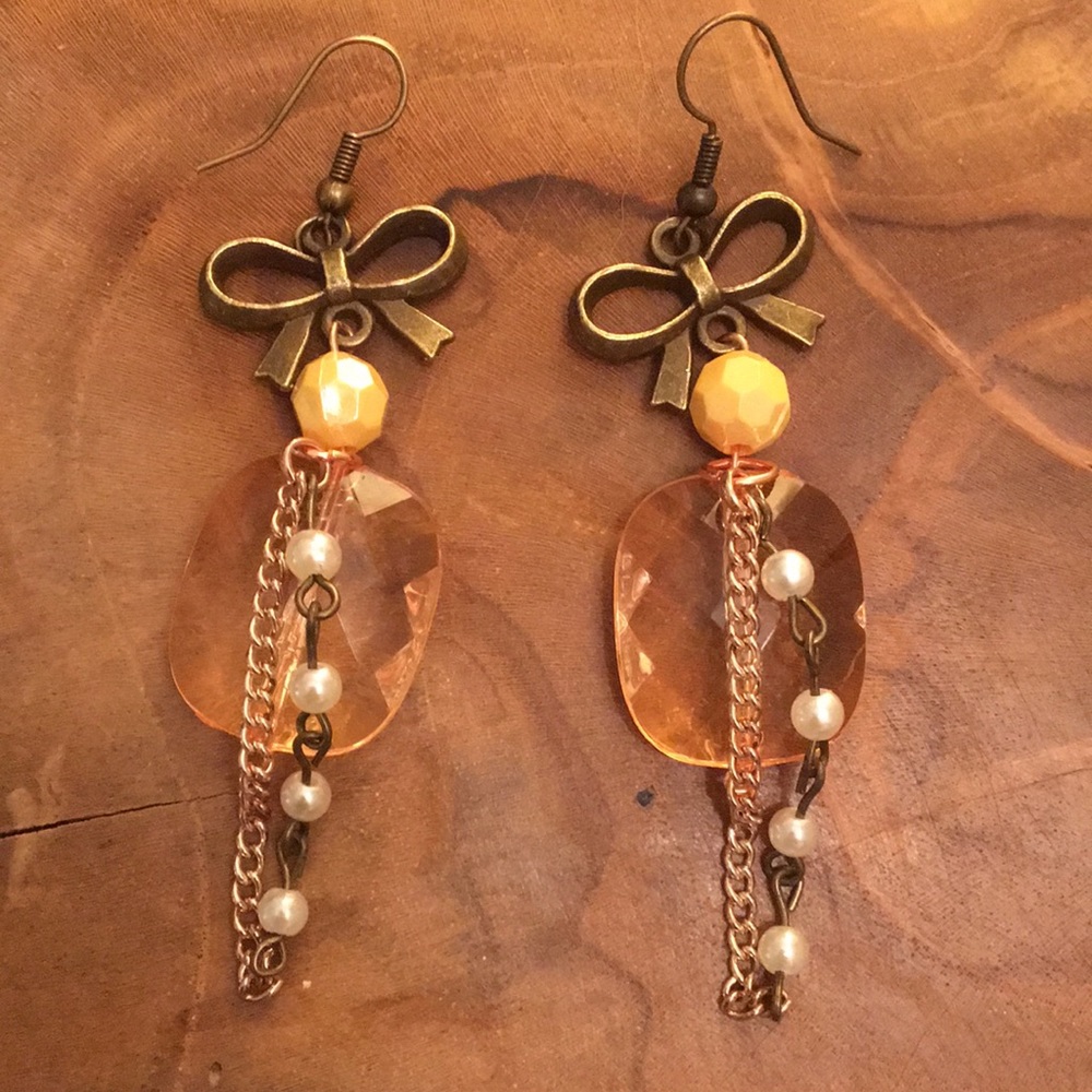 Champagne Peach + Pearl Tassel Bow Boho Statement Earrings - Picture 2 of 6